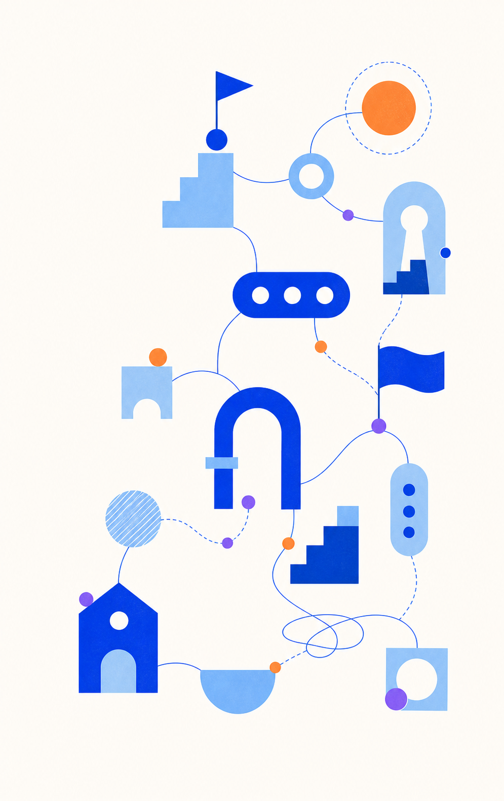 A green constellation of connected objects, arches, flags, and small buildings